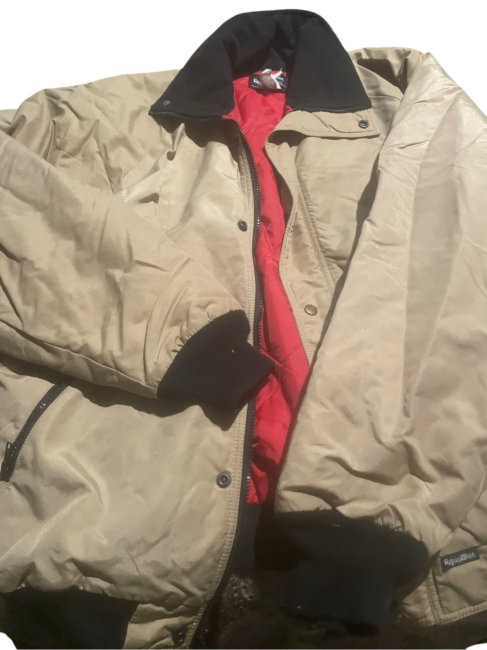 Refrigiwear Men's Khaki Bomber Jacket with Red Lining size large